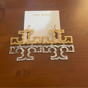 NWT Tory Burch Britten Hinged Dangle Earrings in Gold and Silver